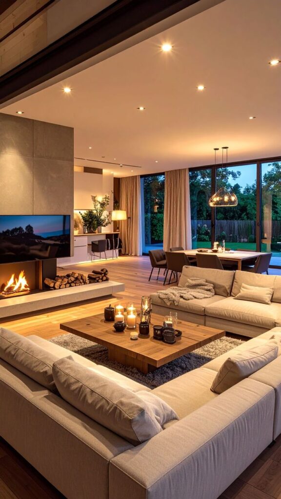 cozy living room with fireplace by large window cozy living room with fireplace by large window
