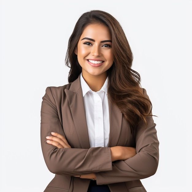 seria pensativa jovem mulher bonita vestindo camisa branca sentir se como cool empresário confiante cruzar as mãos imagem premium gerada com ia